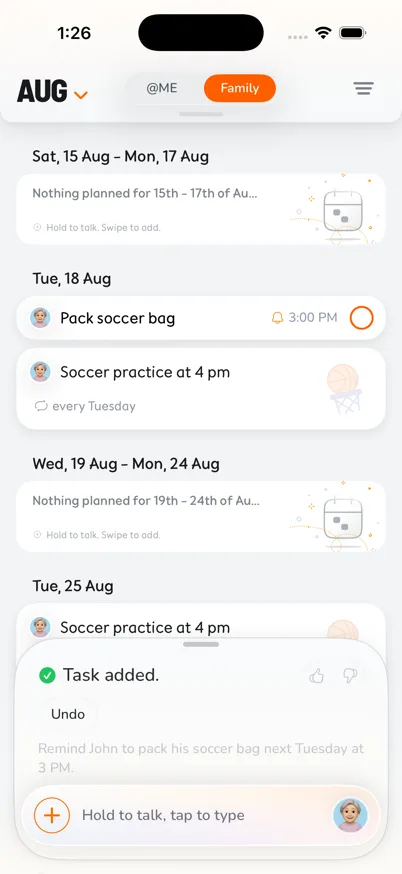 KIN timeline showing a Pack soccer bag reminder assigned to John for 3 PM