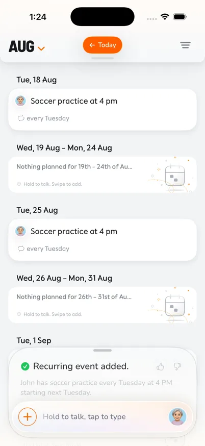 KIN family timeline showing soccer practice at 4 PM every Tuesday after a voice request