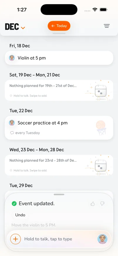 KIN timeline showing the violin event corrected from 3 PM to 5 PM by voice
