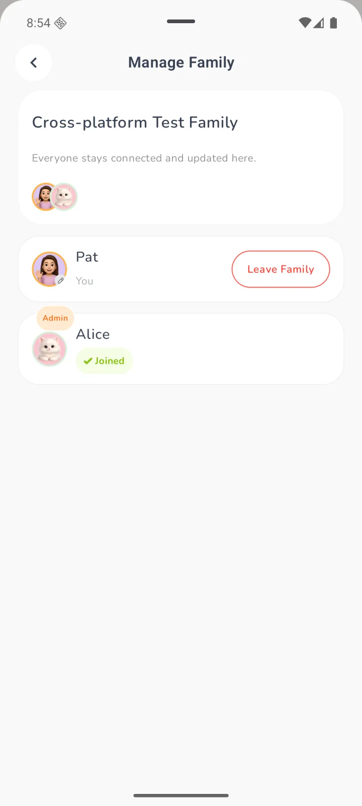 The joined family shown in KIN on Android.