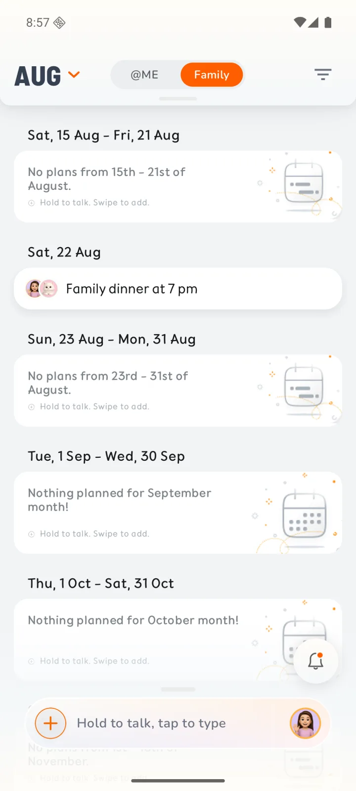 A shared family dinner visible in KIN on Android.