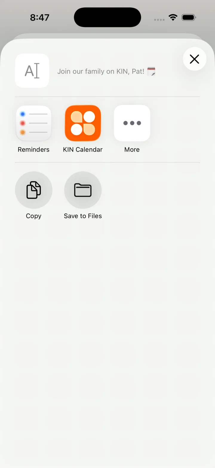 The KIN invitation opened in the iPhone share sheet.